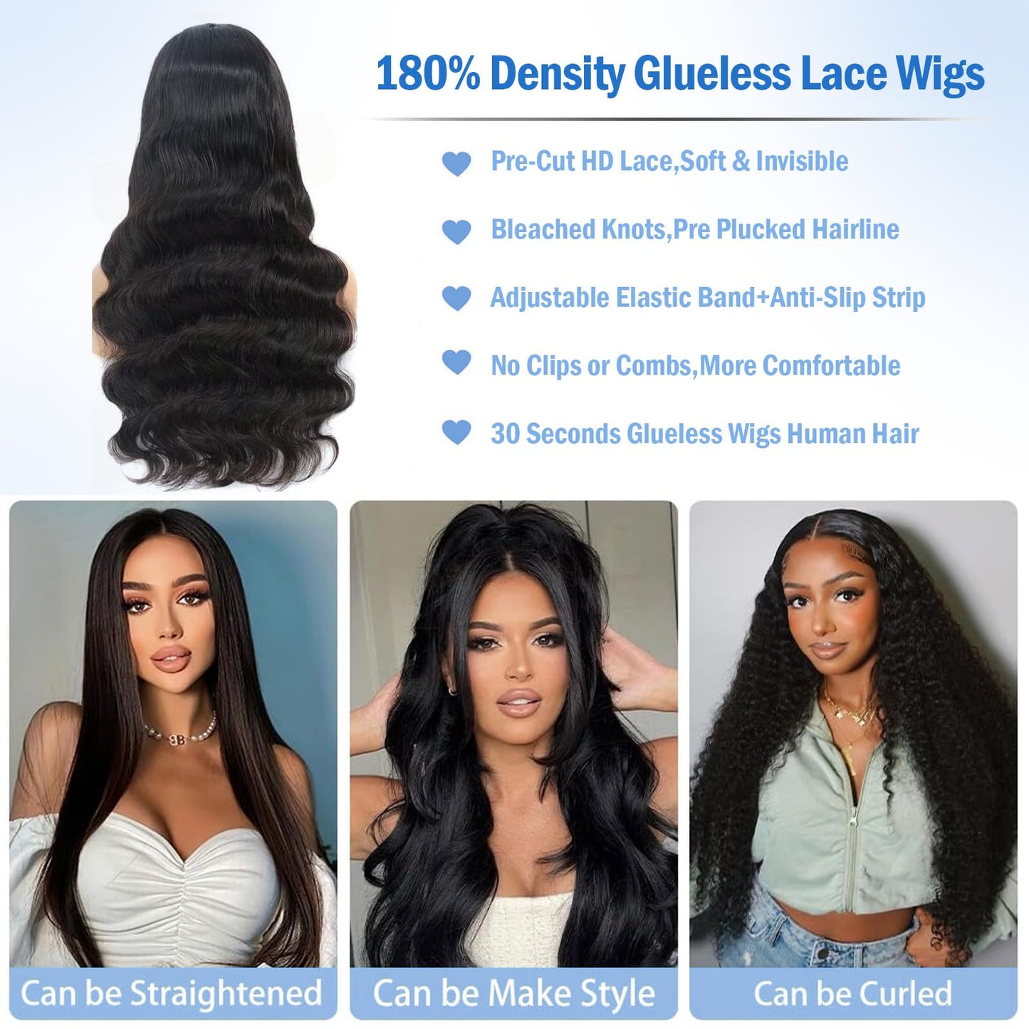 13x4 Body Wave Lace Front Human Hair 180% Density Human Wig with Body Hair HD Transparent Lace Front Wigs Natural Black Pre Plucked 100% Virgin Lace Frontal Human Hair Tangle Free for Women 30 inch
