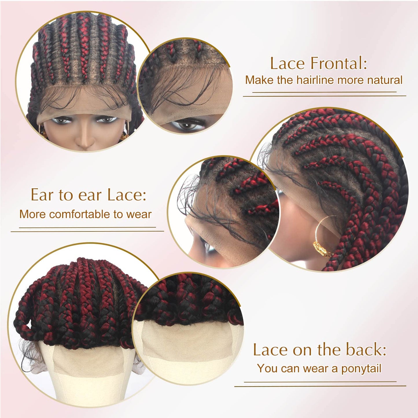 Alebery 36" Full Lace Braided Wigs for Black Women Jumbo Box Braids Lace Front Wig with Baby Hair Lightweight Synthetic Lace Frontal Black Cornrow Twisted Wigs (Burgundy Mixed Black)