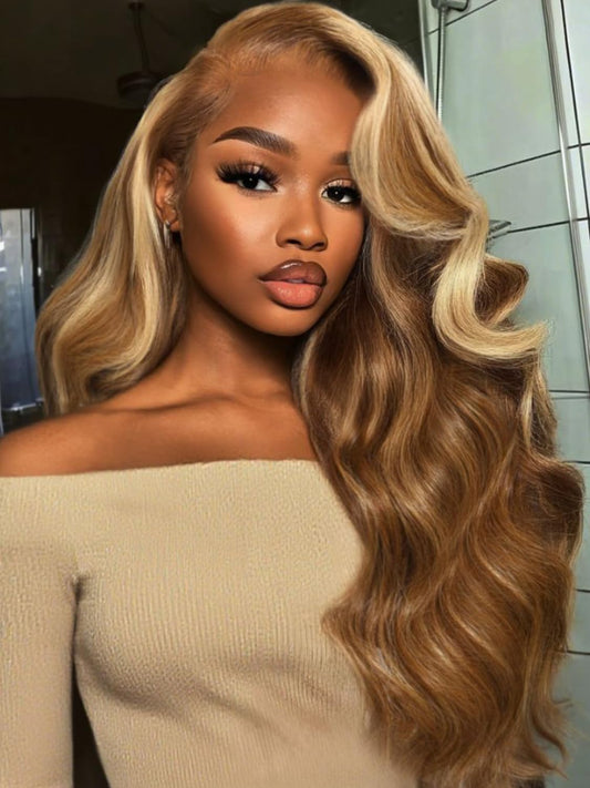Sunber Honey Blonde Highlight Loose Body Wave Glueless Human Hair Wigs with Side Curtain Bangs Bye Bye Knots Pre Cut 7x5 Lace Frontal Wig with Drawstring 3S Pull On Go Pre Bleached 180% Density 24Inch