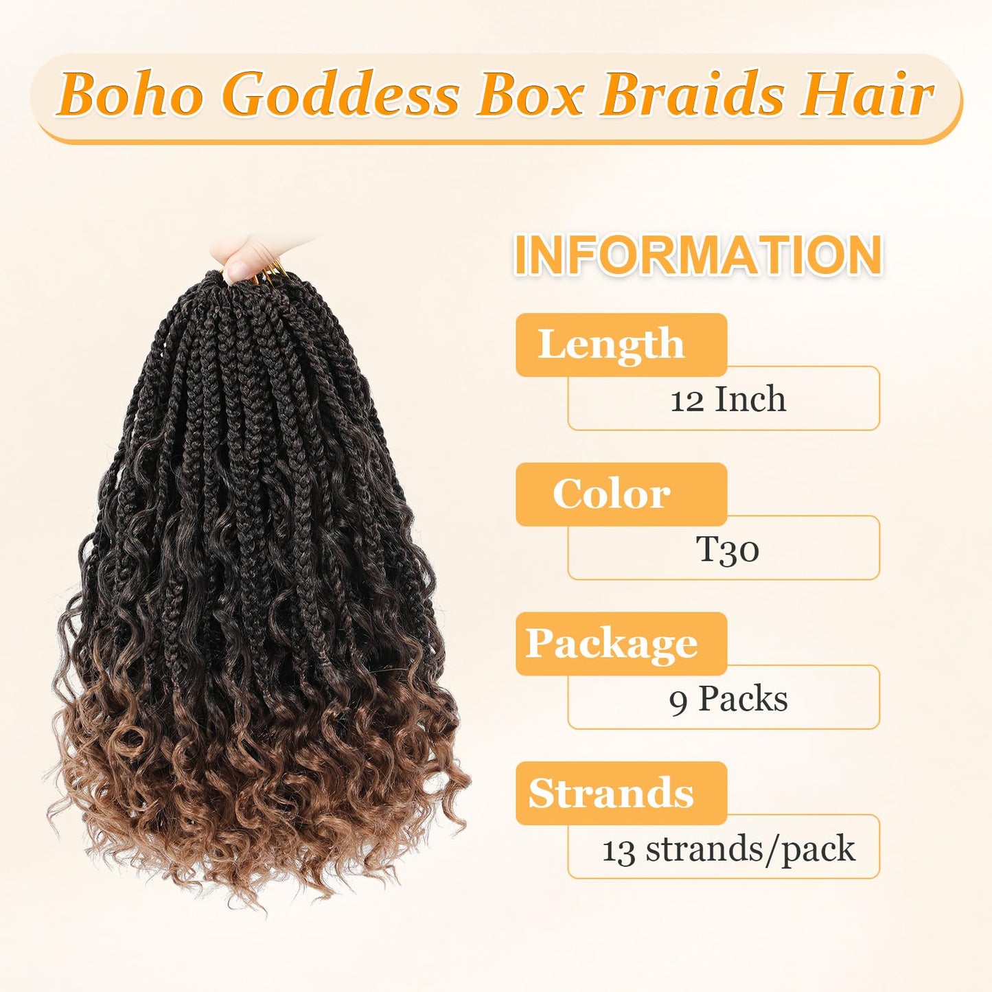 Yewell 9 Packs Goddess Box Braids Crochet Hair Boho Crochet Box-Braids With Curly Ends Crochet-Hair For Black Women, 12 Inch Pre Looped Bohemian Crochet Box-Braiding (12Inch 9 Packs,T30)