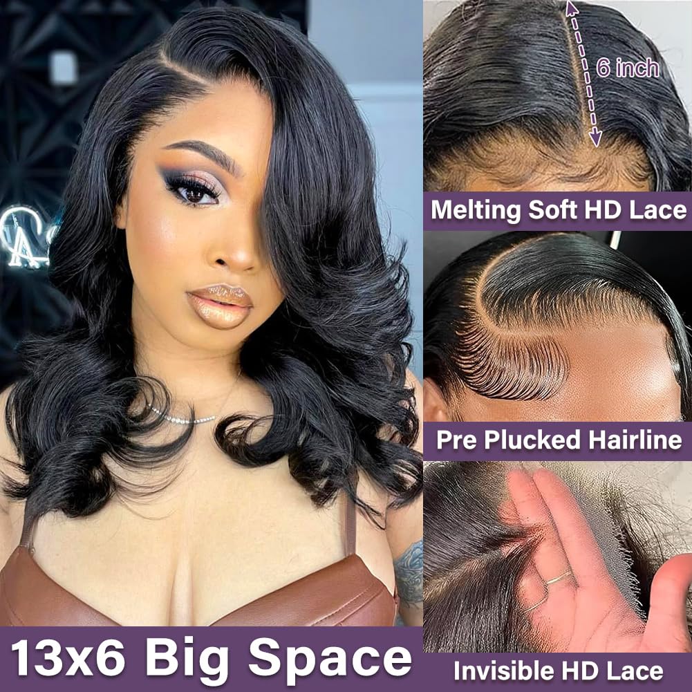 Hihmarm Body Wave Bob Wig Human Hair Pre Plucked 13x6 HD Lace Front Wigs Human Hair Glueless Frontal Wig Wear and Go Short Bob Wigs for Black Women 180 Density Natural Black 12 Inch