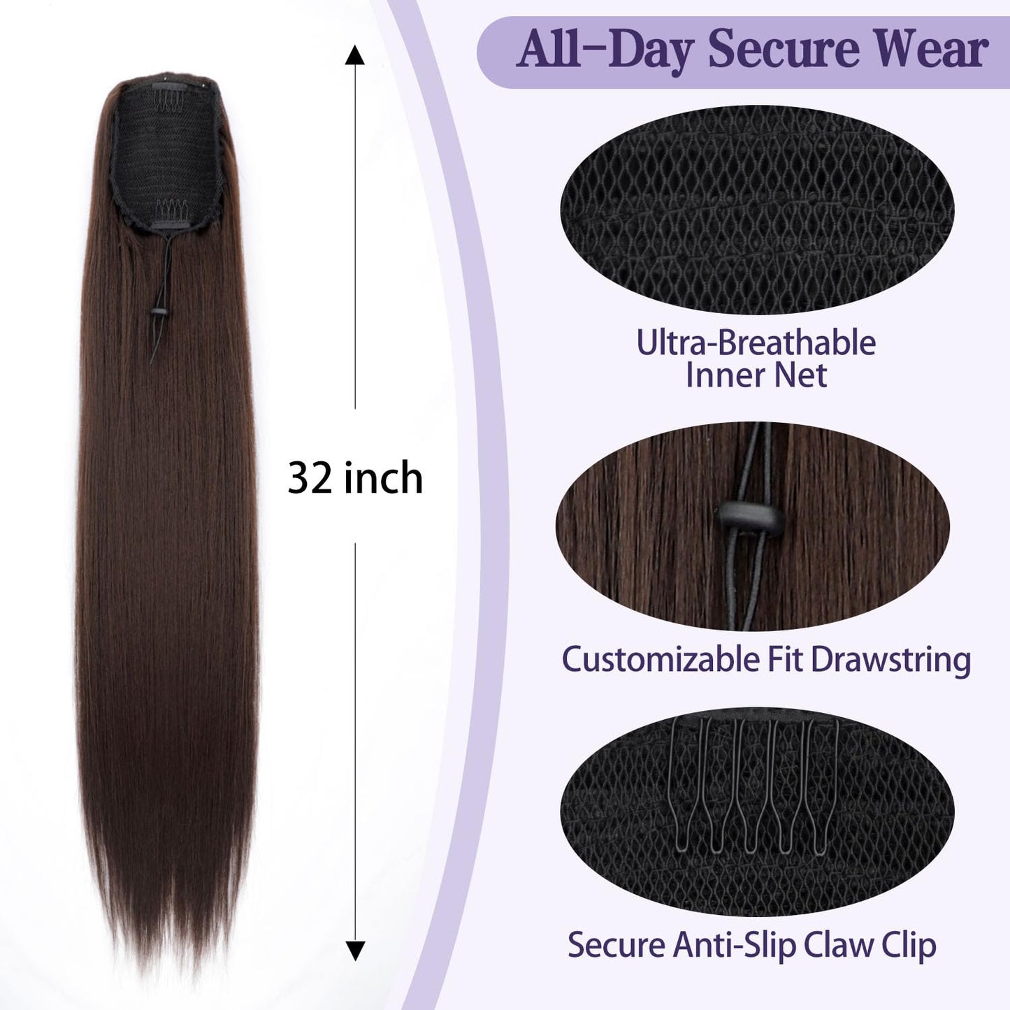 ORSUNCER Drawstring Ponytail Extension, Long Straight Pony Tails Hair Extensions Natural Soft Clip in Ponytail for Women Synthetic Hairpieces Dark Brown