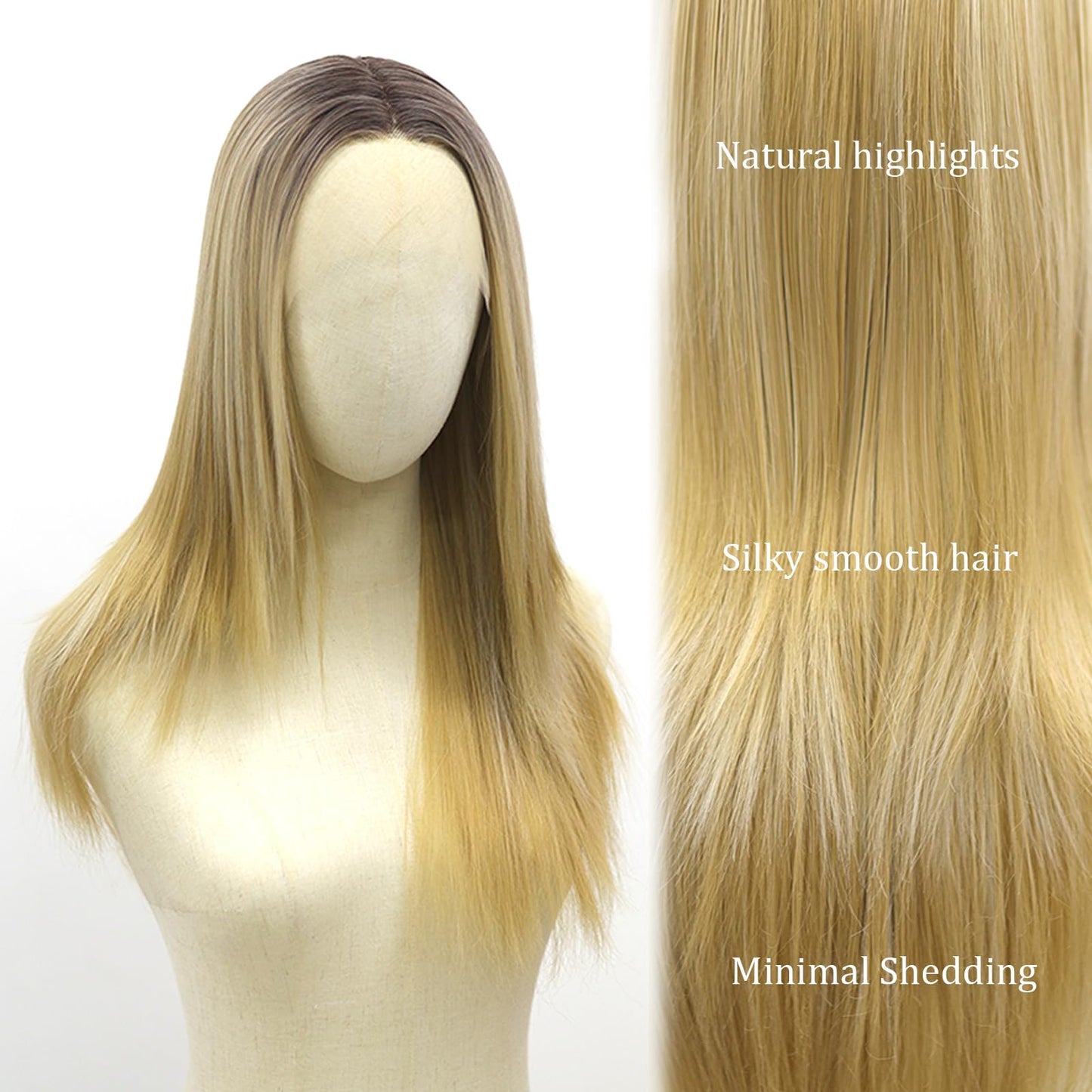 Fugady Blonde Ombre Glueless Layered Straight Lace Front Bob Wig With White Highlight 200 Density Pre Plucked Synthetic Heat Resistant Gold Wig With Baby Hair Colorful Lace Wigs For Women 22 inches