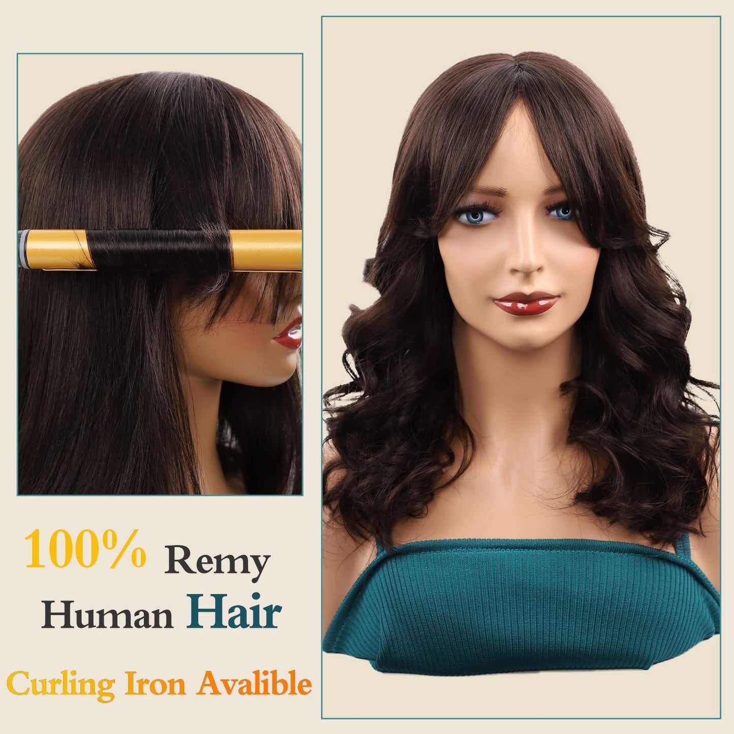 NATAGHAIR Long Brown Wig with Bangs Human Hair - Straight Wig 100% Virgin Remy Hair Curly Wigs for White Black Women Natural Looking Hair Replacement Wigs