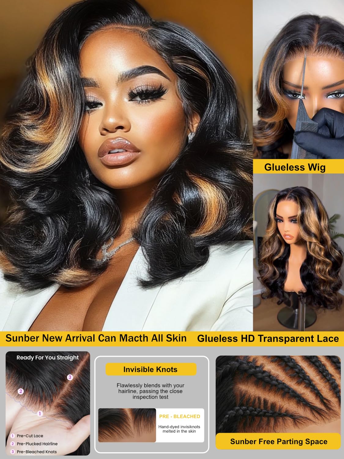 Sunber Bye Bye Knots 7x5 Lace Black with Caramel Blonde Highlights Body Wave Glueless Wigs Pre Everything Pre Cut 7x5 Lace Front Pre Plucked Pre Bleached Knots 150% Density 20Inch Put On and Go Wig