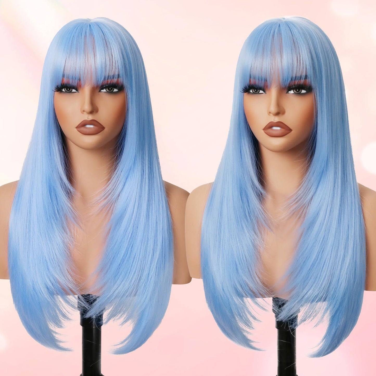 NOVFLKW Light Blue Long Straight Layered Wig with Bangs for Women 26 inch Put on Go Realistic Synthetic Heat Resistant Natural Wig for Girls Party Cosplay and Daily Use