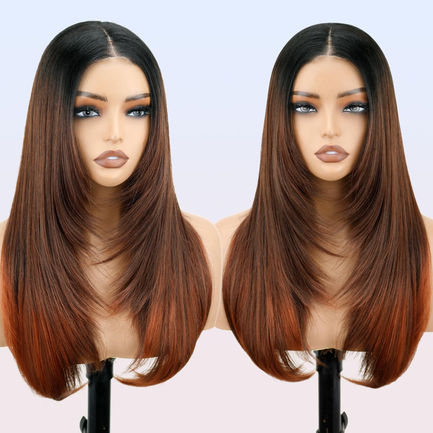 NOSTALGIA Brown Highlight Wear and Go Glueless Wigs Pre Plucked Pre Cut for Beginners Synthetic Lace Front Wigs For Woman Long layered Straight 24 Inch Brown Highlights 3 Seconds to Wear