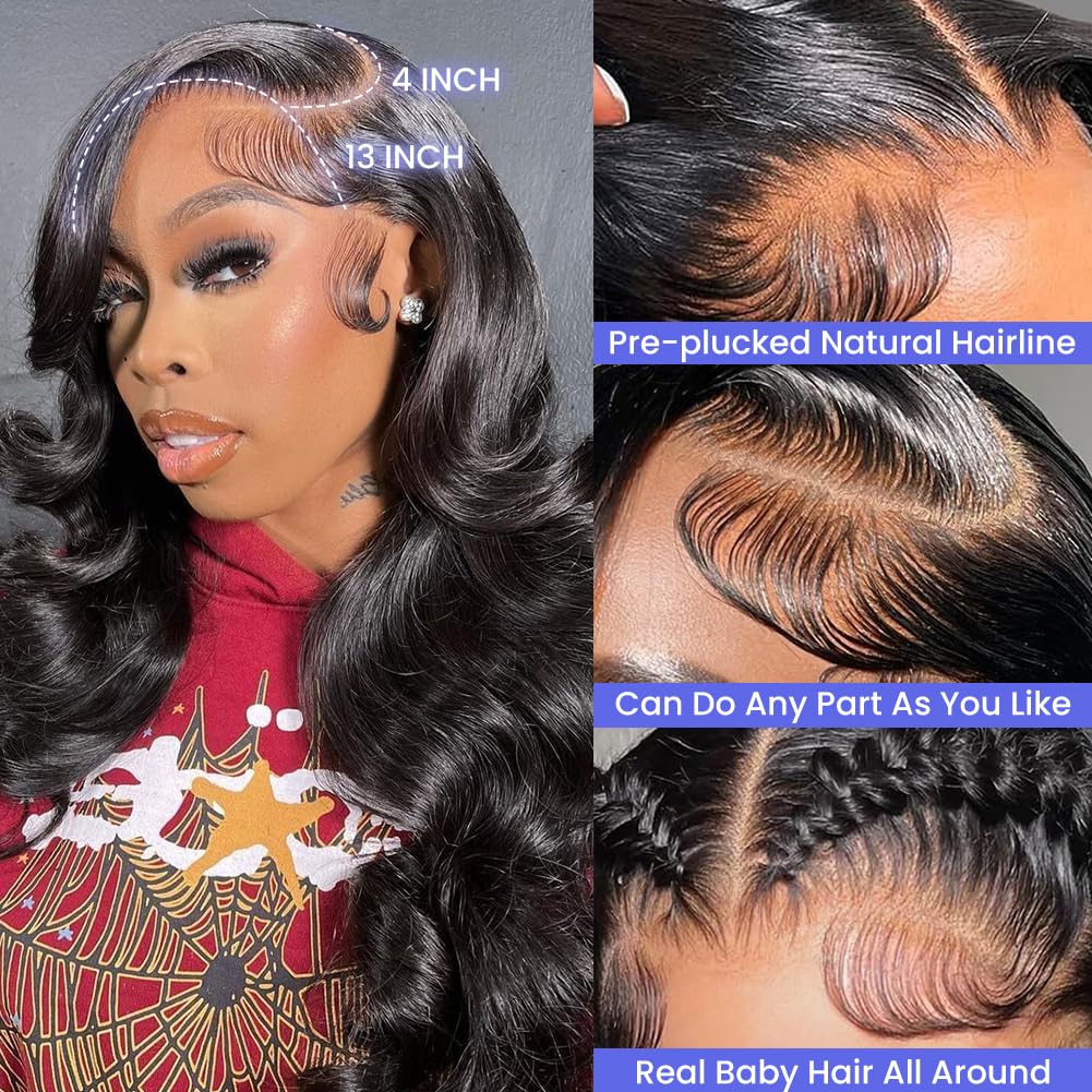 FASCARA 13x4 HD Transparent Lace Front Wigs Human hair Pre Plucked 180 Density Brazilian Body Wave Frontal Wigs Human Hair with Baby Hair Natural Hairline Natural Black Color 24 Inch