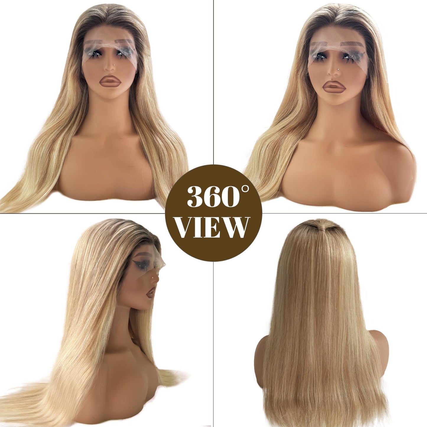 13x4 Straight Lace Front Wigs Human Hair for Women, 24 Inch Highlights Ombre Golden Brown Mixed 613 Blonde with Brown Roots HD Lace Frontal Wig Human Hair, Glueless Wig Pre Plucked Bleached Knots