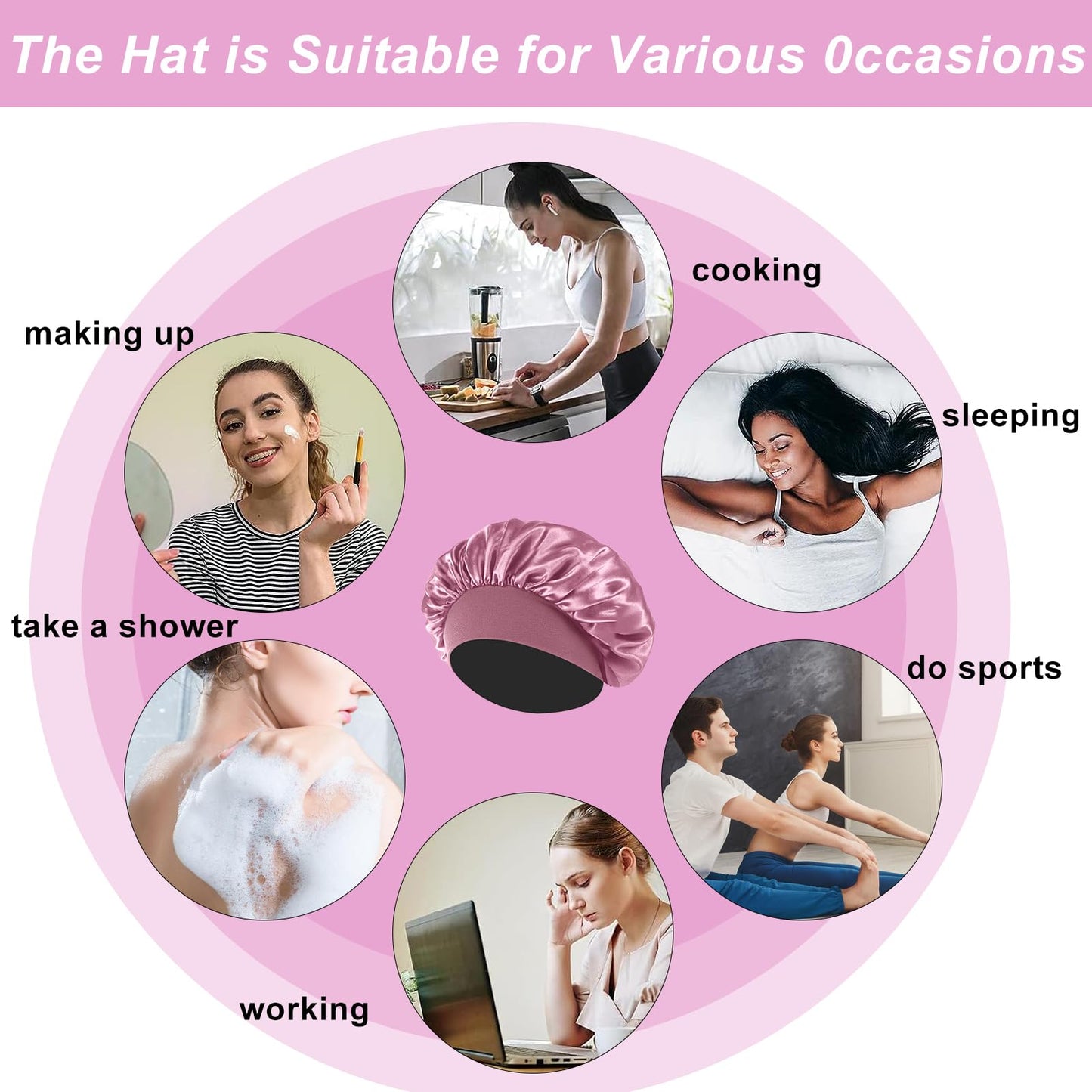 4PCS Silk Satin Bonnets for Black Women & Men - Elastic Wide Band Hair Wrap Cap for Curly Hair - Shower Cap for Sleeping (Black & Bean Paste Pink & Purple & Brown)