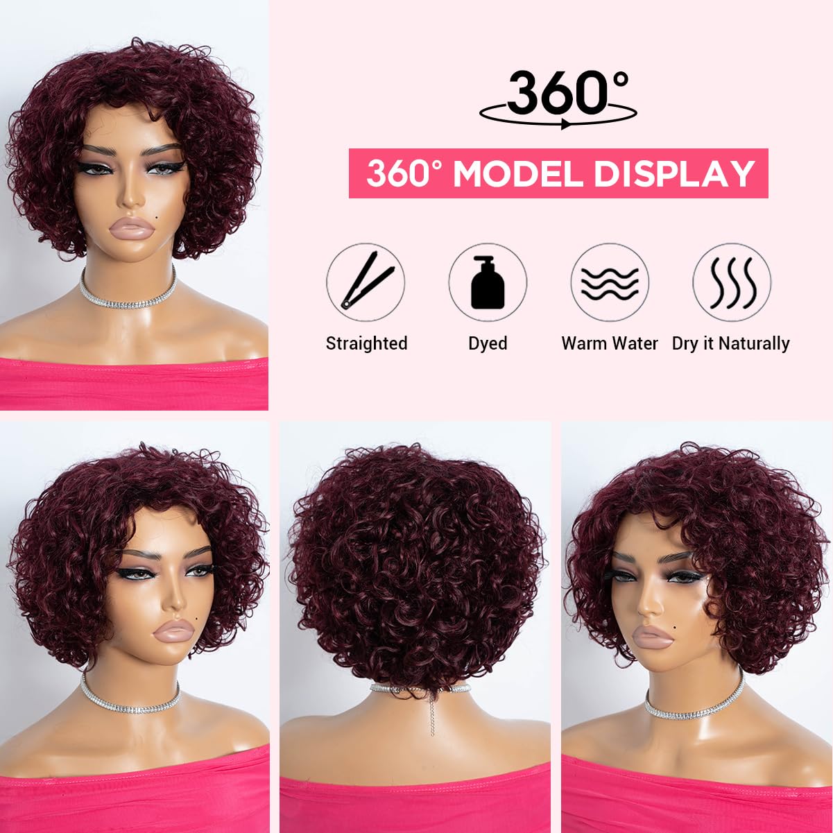 Rebecca Fashion 99J Burgundy Short Curly Human Hair Wigs for Black Women Cute Curly Bob Wig Side Part Non Lace Glueless Wigs Brazilian Remy Natural Looking