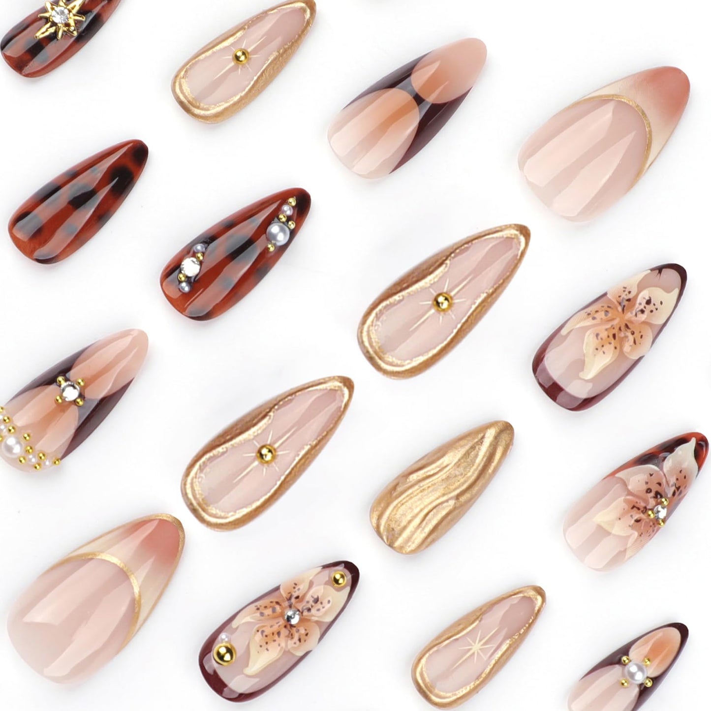 24Pcs Handmade Almond Press on Nails Medium Fake Nails with 3D Flower Rhinestones Design French Tip Almond False Nail Artificial Acrylic Nails Press ons Full Cover Flower Stick on Nails for Women