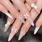 24 Pcs Almond Press on Nails Long Fake Nails with 3D Flower Bow French Tip False Nails with Cute Pearl Design Stiletto Nail Tips Glossy Glue on Nails Reusable Full Cover Stick on Nails for Women