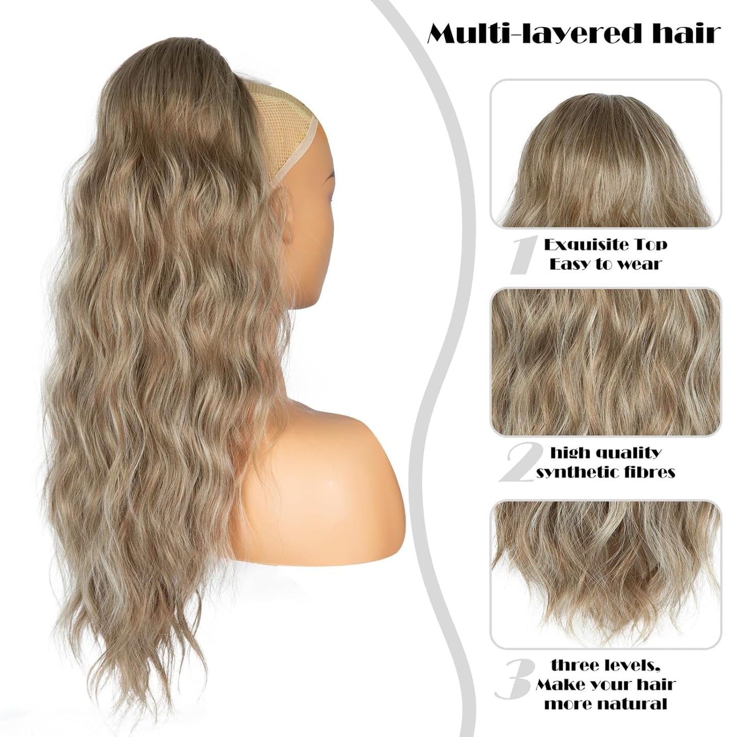 Ponytail Extension for Women, 26 inch Drawstring Ponytail Extension, Wavy Pony Tails Hair Extensions, Synthetic Hair Extensions Ponytail for Daily Use (Color: Light Ash Brown Mixed White)