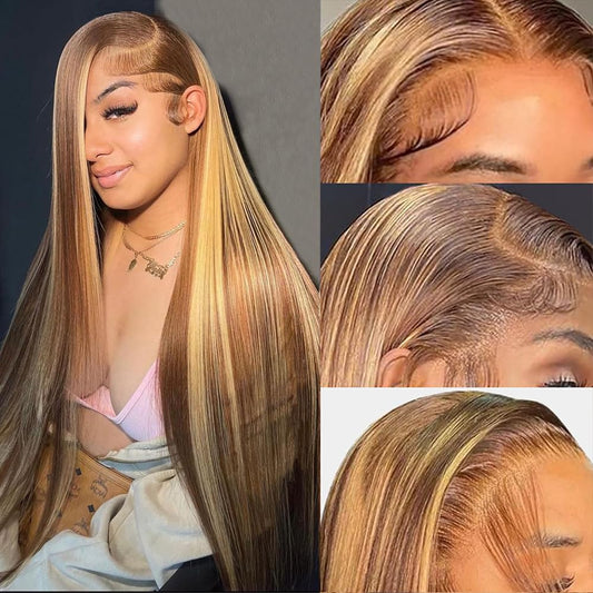 ROLKISA Highlight Ombre Lace Front Wig Human Hair 13x6 HD Transparent Straight Lace Front Wigs Human Hair Pre Plucked 180% Density 4/27 Colored Honey Blonde Wig for Women 32Inch