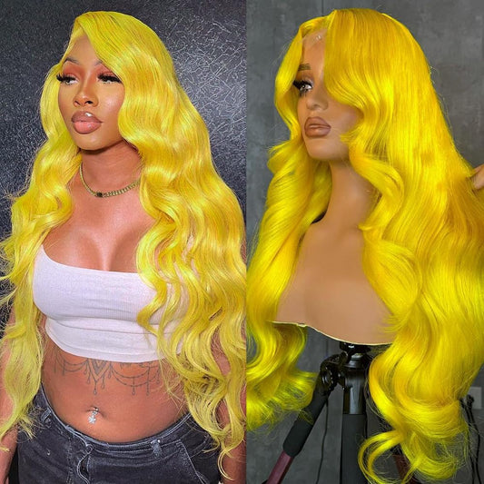 Yellow Lace Front Wig Human Hair Pre Plucked 200% Density Body Wave Blonde Lace Front Wigs Human Hair 13x4 HD Lace Frontal Wig Yellow Colored Wigs Human Hair Glueless Wig 30 Inch