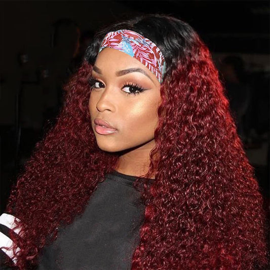 Celiarita Two-tone Burgundy Deep Wave Headband Wig Human Hair 14 Inch Glueless None Lace Machine Made Wigs Ombre 99J Dark Headband Wigs for Black Women 150% Density…