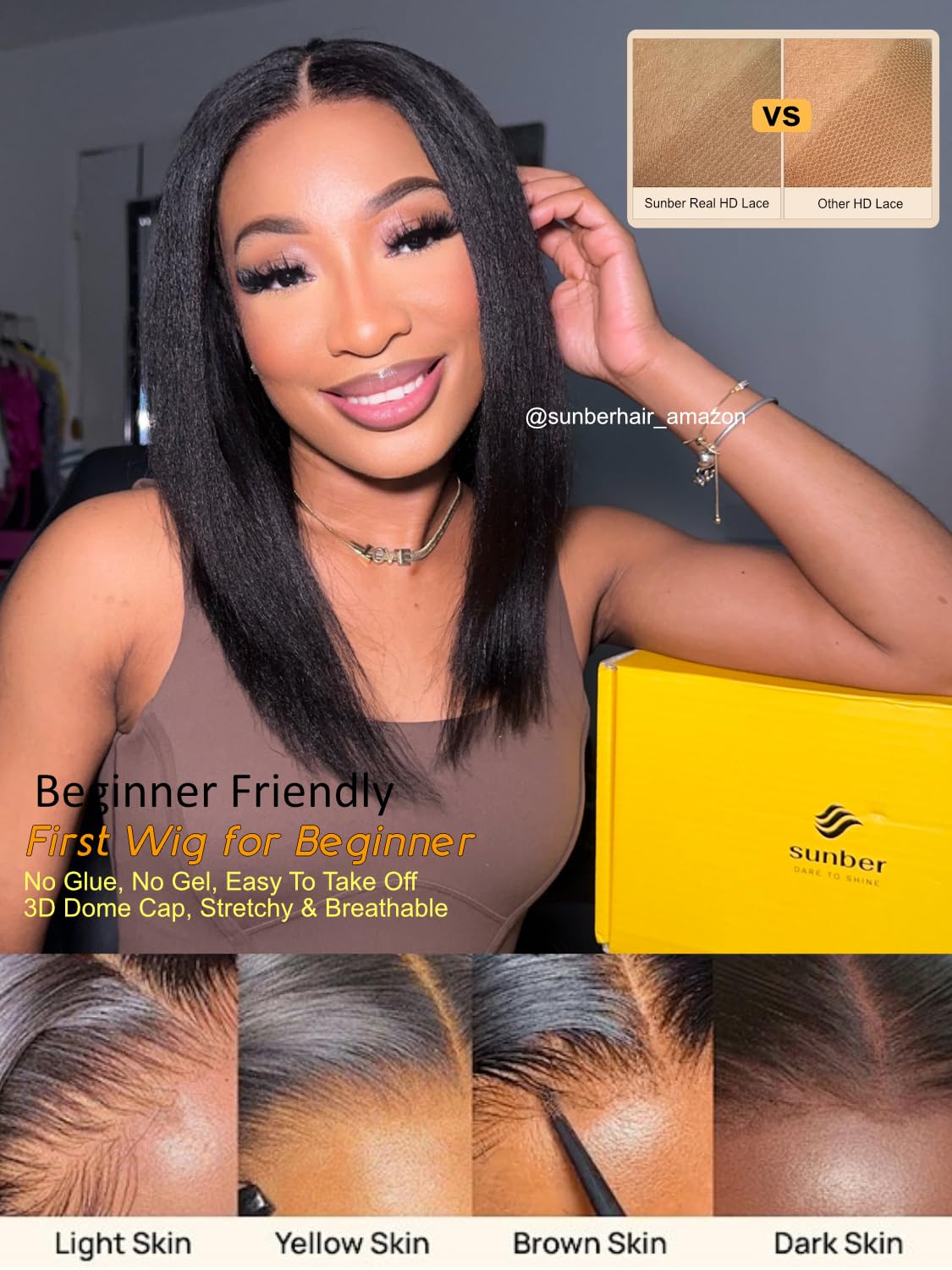 Sunber Glueless Yaki Straight Bob Wigs Pre Plucked Pre Bleached Bye Bye Knots Human Hair Wig Natural Black Pre Cut 7x5 Lace 150% Density Put On Go Pre Bleached Invisible Knots 10Inch