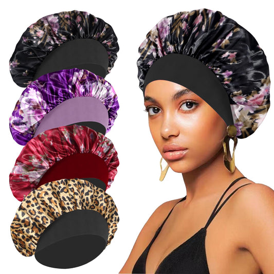 4PCS Silk Bonnet for Sleeping,Satin Bonnets Hair Wrap Cap for Black Women Men for Curly Hair,Elastic Wide Band Hair Bonnet Print Shower Cap for Sleeping (Black & Wine Red & Purple & Leopard Pattern)