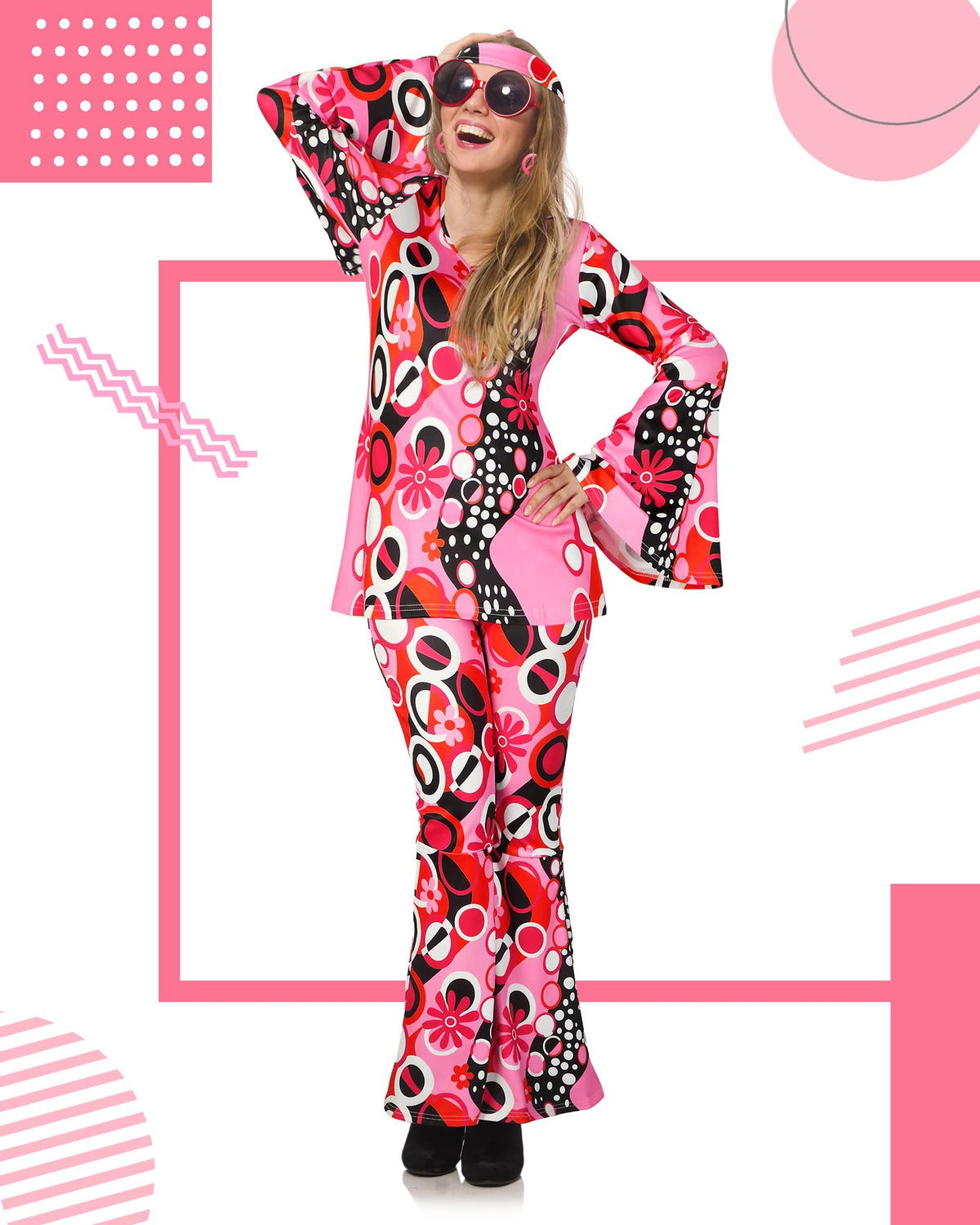 Haysandy Disco Costume Women 70s Hippie Bell Bottom Outfit, Rose Red