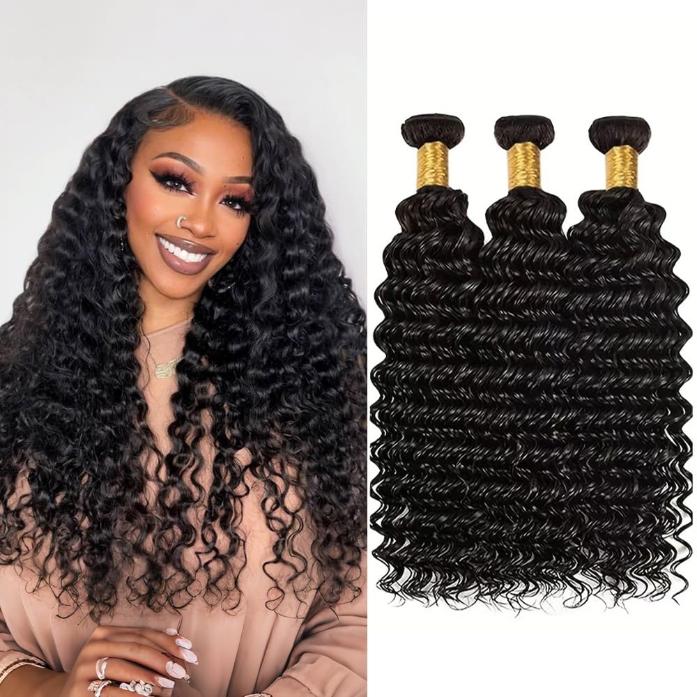 Deep Wave Human Hair Bundles 26 26 26 Inch Curly Bundles Human Hair Weave 100% Unprocessed Brazilian Virgin Remy Hair Wet and Wavy Hair Extensions for Women Natural Black Raw Weft