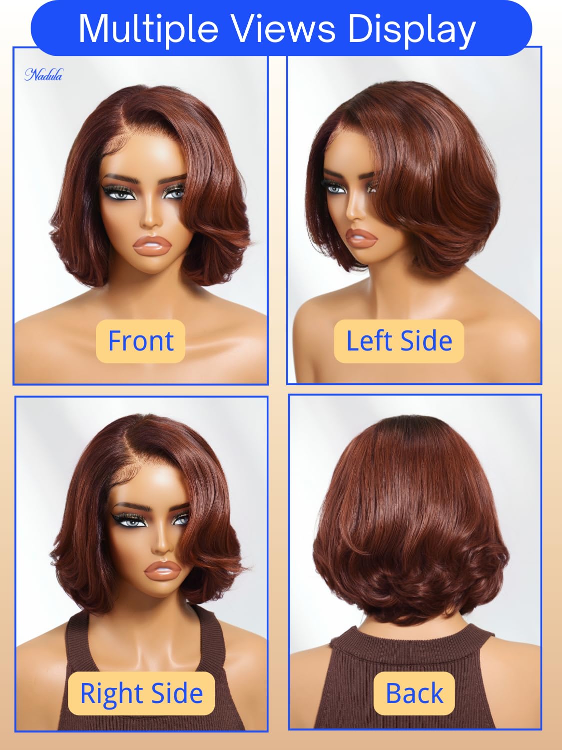 Nadula Bye Bye Knots Reddish Brown Short Body Wave Bob Drawstring Wig human Hair with Face Framing Layers Bangs, Glueless Pre Cut 7x5 HD Lace Front Wig Pre Plucked Ready to Wear Wavy Bob Wig 12inch