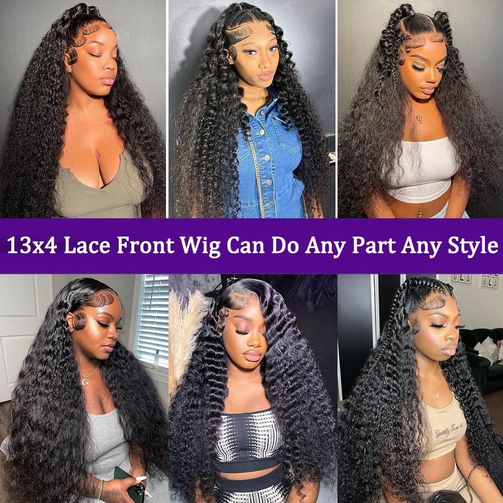 ANDRIA 13x4 Lace Front Wigs 200 Density Deep Wave Wig Black Curly Wig Pre-Plucked Glueless Lace Frontal Wigs Lace Front Wig with Baby Hair Heat Resistant Synthetic Hair Deep Curly Long Wigs 26 Inch