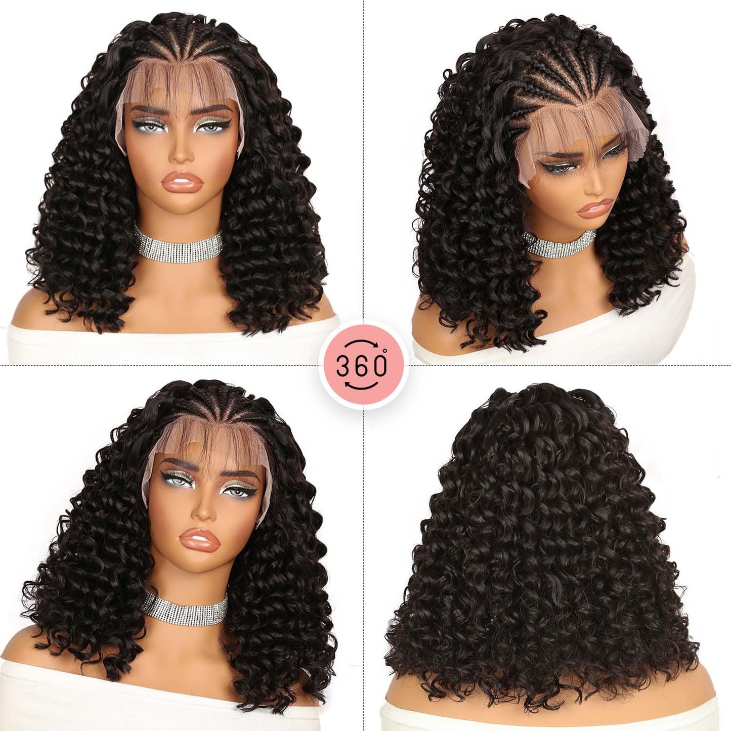 Fancy Hair Braided Wig for Black Women Cornrow with Curly Hair Wig HD Lace Front Wig with Baby Hair Pre Plucked Glueless Transparent 13x4 Inch Lace Frontal Wig (2#)