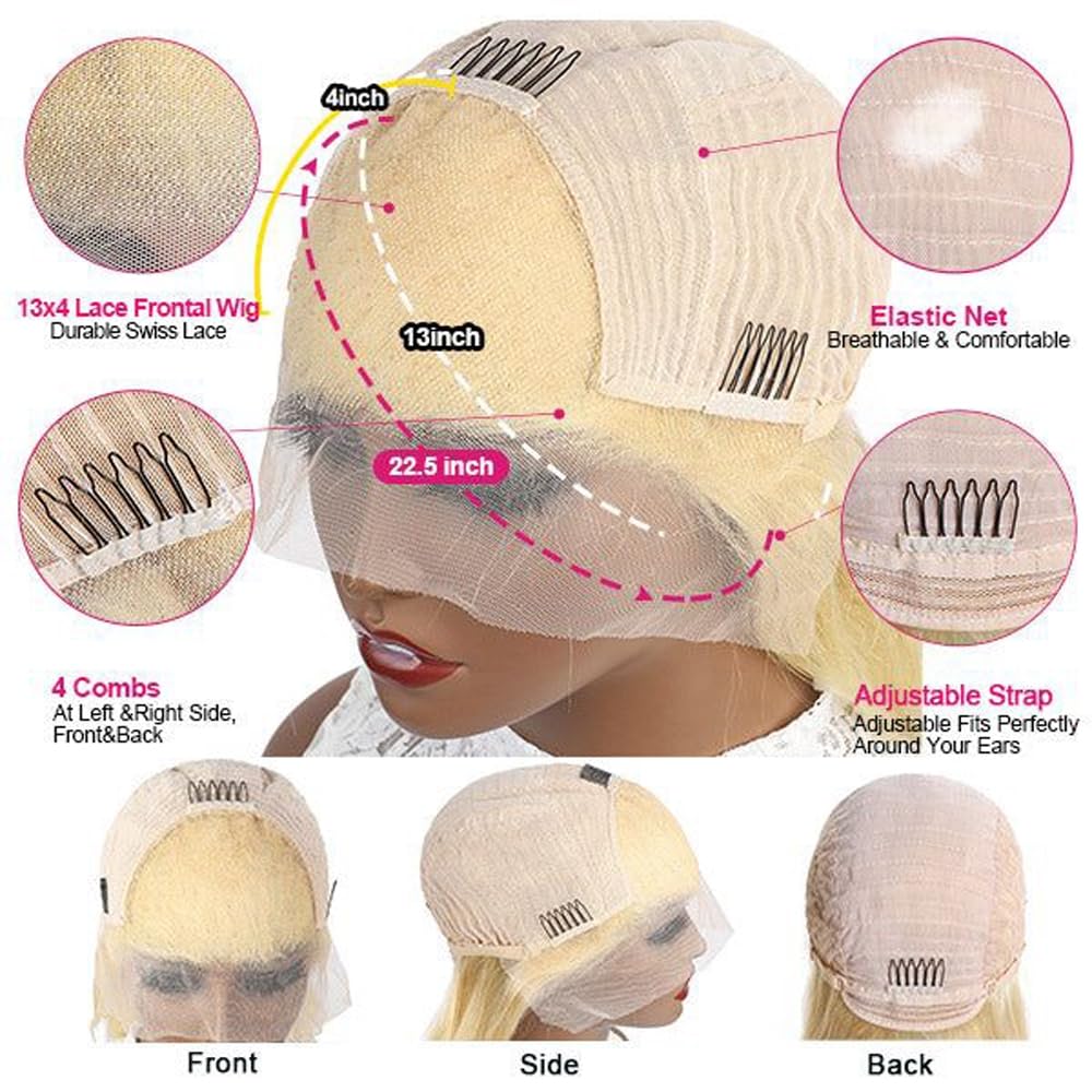 Hoscod Straight 613 Bob Wig Human Hair 180% Density 13x4 HD Transparent Lace Front Wig Blonde Bob Wig Human hair Pre Plucked Glueless Wigs with Baby Hair 10 Inch Short Lace Frontal Bob Wigs for Women