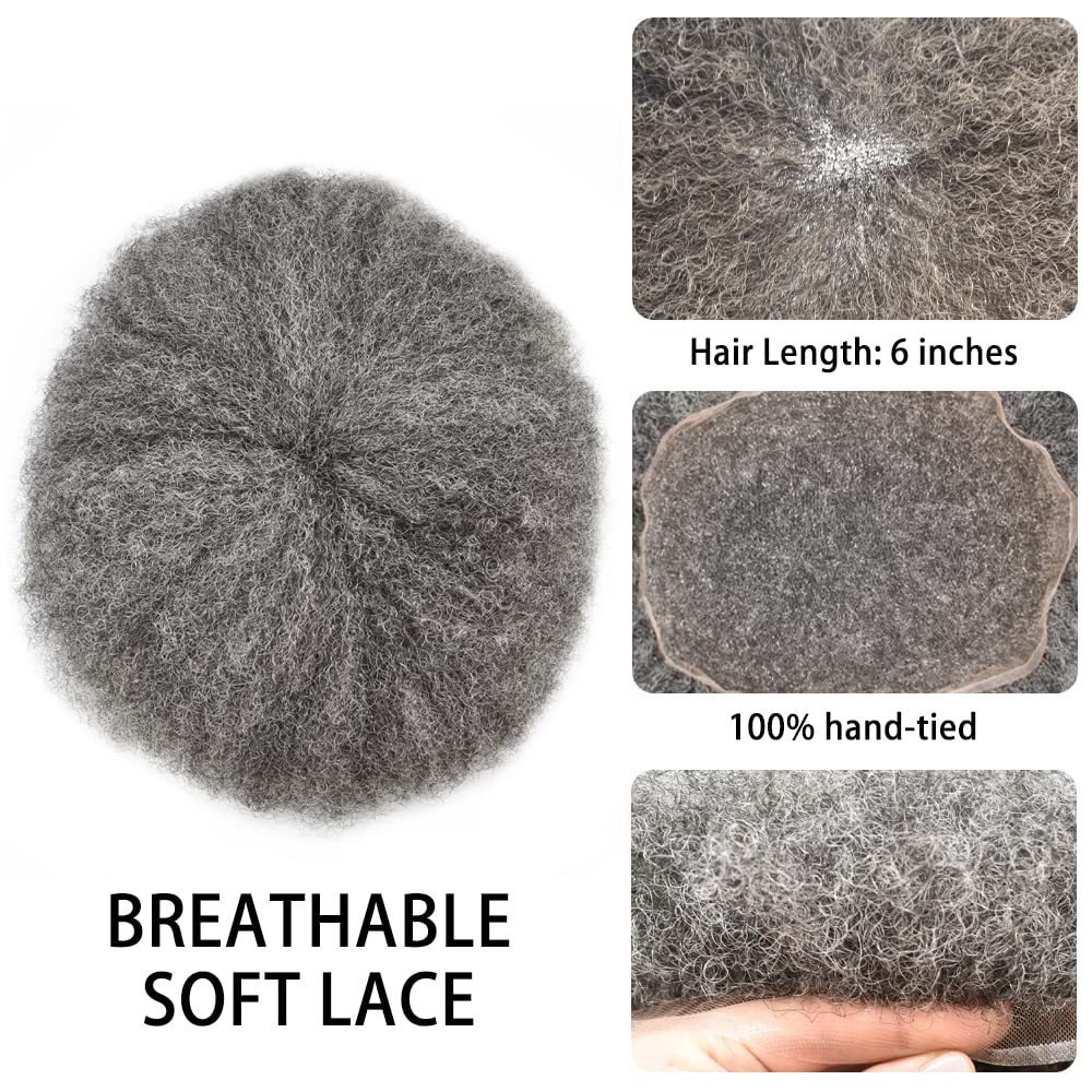 Afro Toupee For Black Men Human Hair All Transparent Lace Man Weave Balding Mens Custom Hair Unit 8X10inch Male Hair Replacement with weaves Light To Medium (10"*8", #1B50 Off Black+50% Gray-6mm)