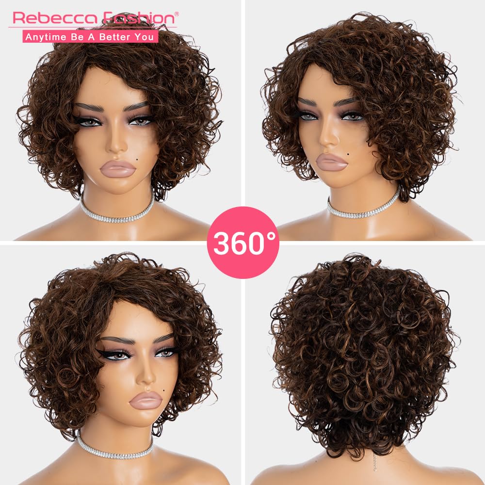 Rebecca Fashion Short Curly Human Hair Wigs for Black Women Cute Curly Bob Wig Side Part Non Lace Glueless Wigs Brazilian Remy Natural Looking Natural Looking Mixed Brown Color