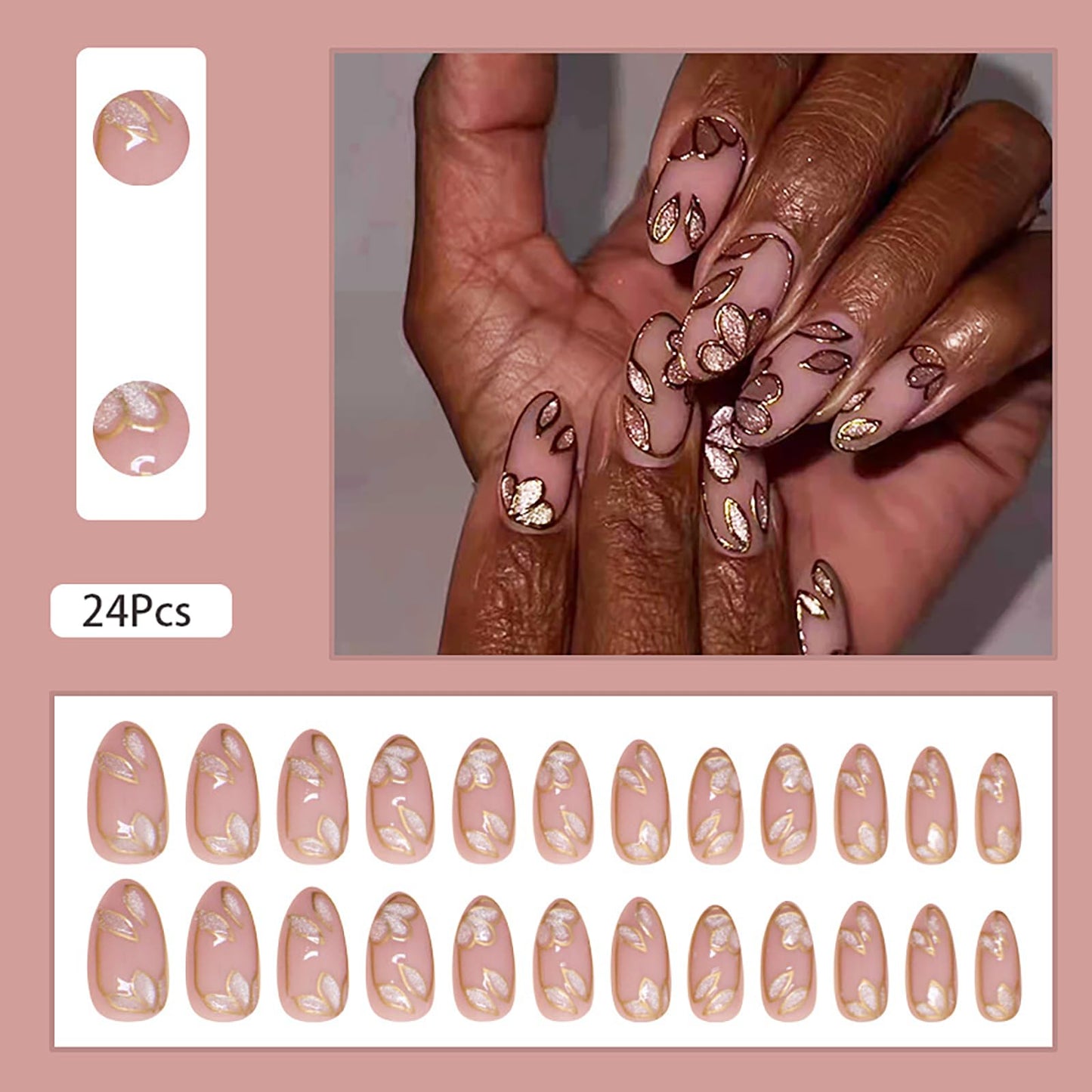 24 Pcs Nude Press on Nails Medium Almond Fake Nails with Glue Artificial Acrylic Nails Press ons with Golden Glitter Leaf Design Full Cover Reusable Stick on Nail for Women Girls Daily Wear