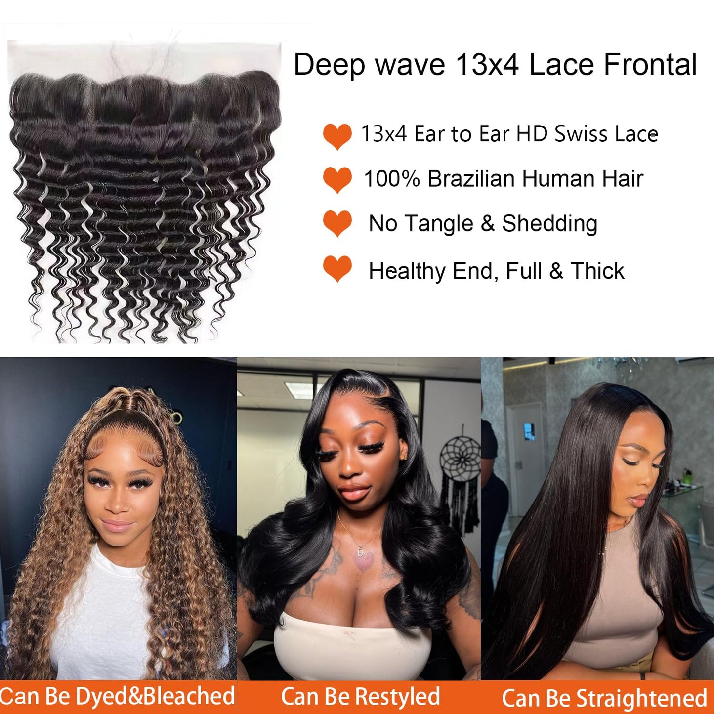 13x4 Lace Frontal Closure Deep Wave Frontal Ear to Ear HD Lace Frontal 16 Inch Brazilian Virgin Human Hair Frontals Closure Pre Plucked with Baby Hair 150% Density Natural Black