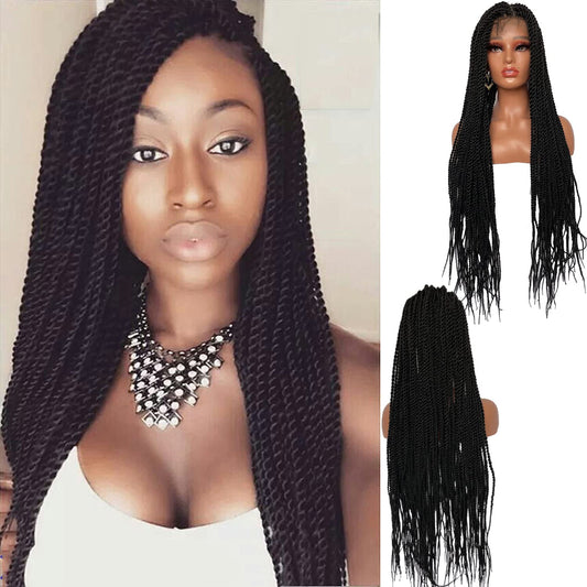 Voloria Braided Twist Wigs for Black Women Full Double Lace Square Knotless Box Braid Wig Pre Plucked with Baby Hair Japan-made Lightweight Premium Synthetic Hand Braiding Hair Wigs Cornrow Braids 36inches 1B Black Color