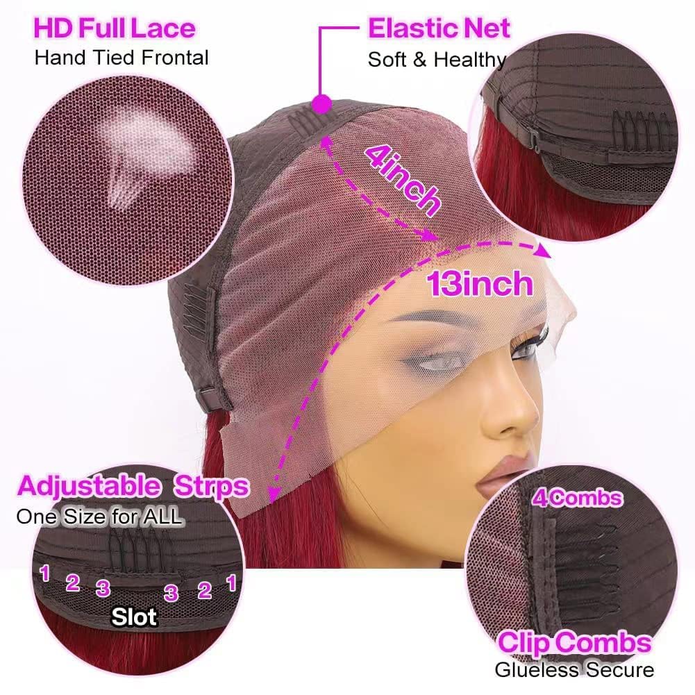 99J Lace Front Wigs Human Hair 8 inch Brazilian Burgundy Straight 13x4 HD Transparent Lace Bob Wig Human Hair Glueless Frontal Wigs Pre Plucked 180% Density Short Bob Wig Human Hair With Baby Hair