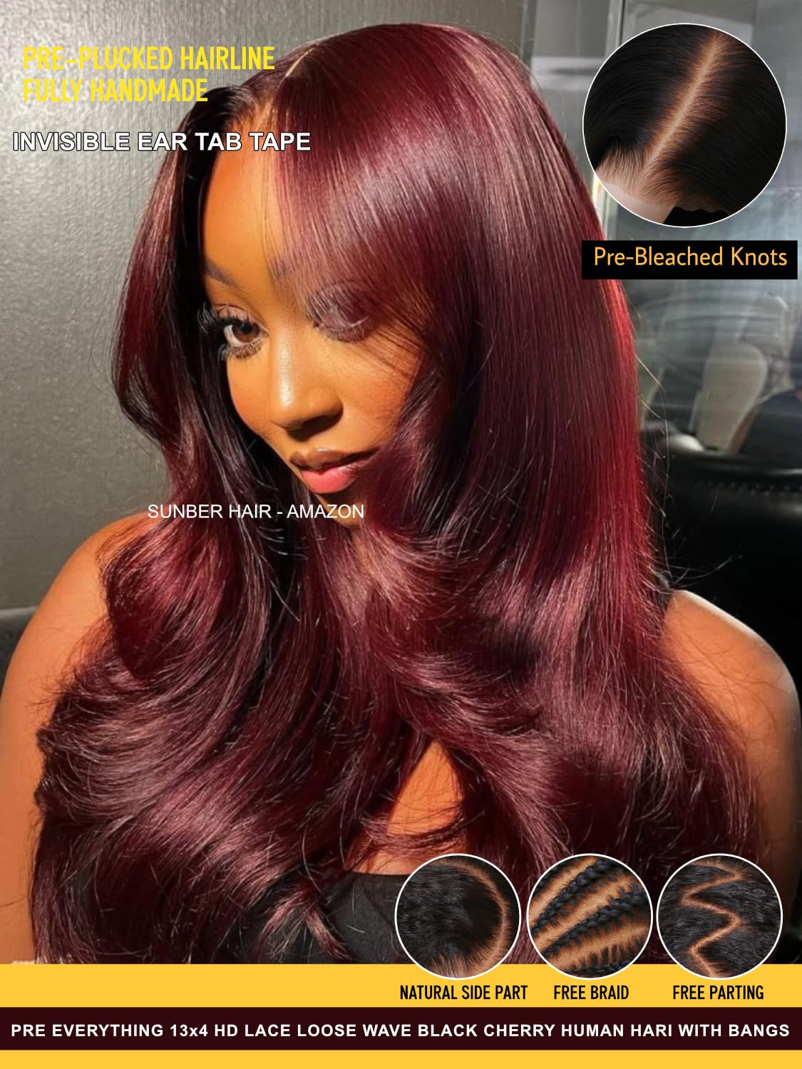 Sunber Purple Black Cherry Loose Body Wave With Drawstring Wig Bye Bye Knots 13x4 Pre-Everything Lace Frontal Glueless Wigs Pre Plucked Pre Bleached Knots 180% Density 16Inch 3S Put On and Go Wigs
