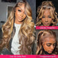 Yeeaak 32Inch Highlight Ombre Lace Front Wigs Human Hair 13x6 4/27 Highligt Body Wave Frontal Wig HD Transparent Lace Pre Plucked with Baby Hair 180% Density Glueless Honey Blonde Wig for Women