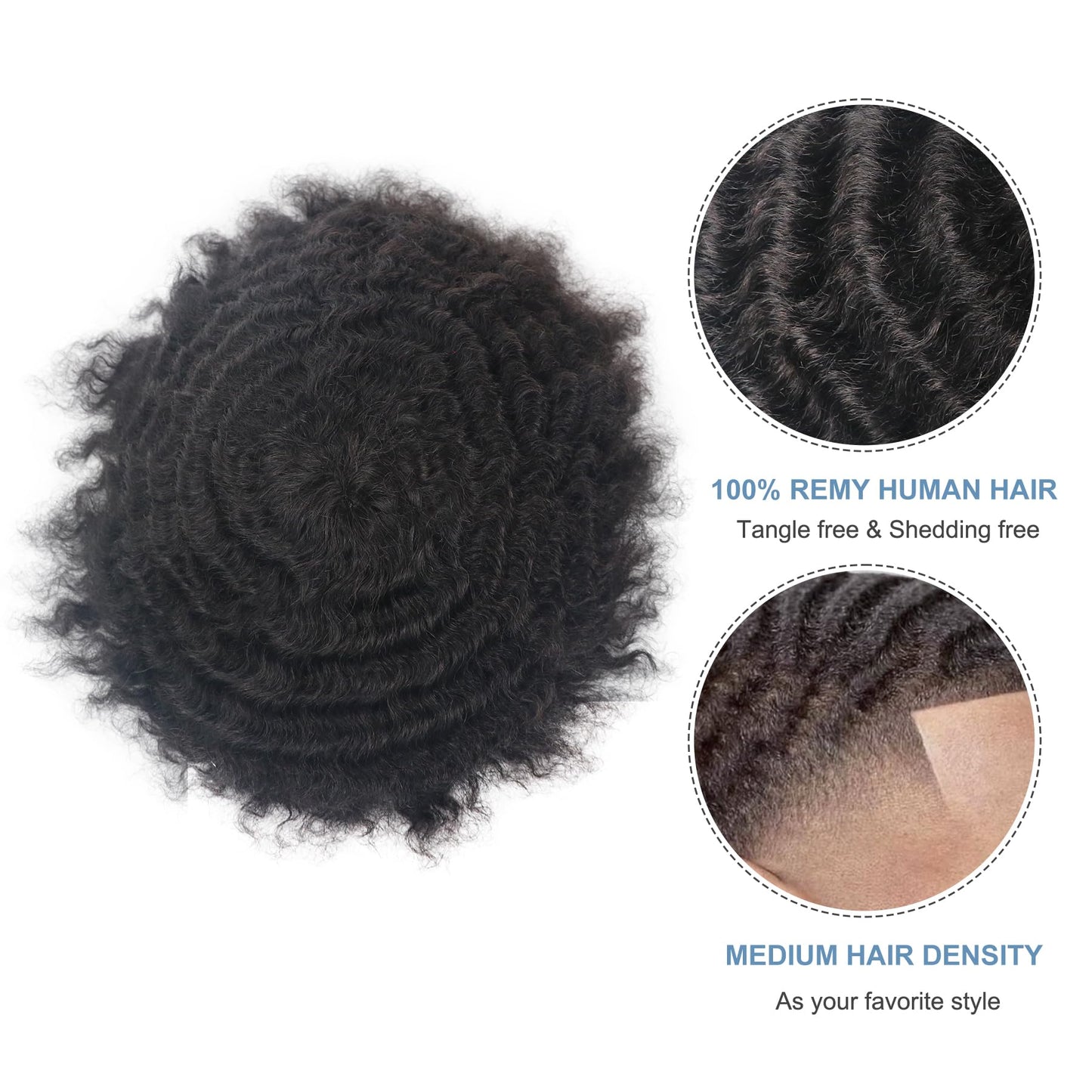 lumeng Afro Toupee PU Base Wig Men 12MM Wave Hair Unit Black Mens Wig 8x10inch Human Hair System 1B# Off Black 360 Curly Replacement Afro Human Hair Pieces