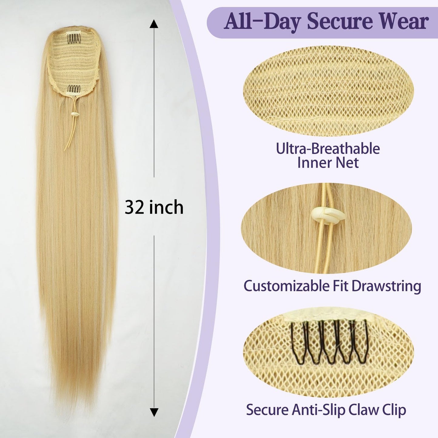 ORSUNCER Drawstring Ponytail Extension, Long Straight Pony Tails Hair Extensions Natural Soft Clip in Ponytail for Women Synthetic Hairpieces Blonde Highlight