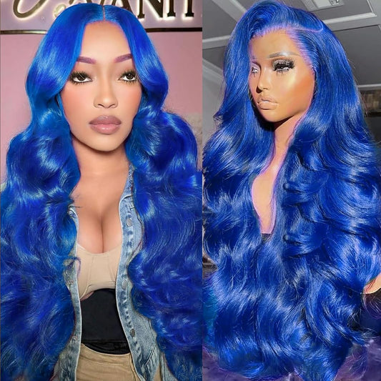 Blue Lace Front Wig Human Hair Pre Plucked 13x4 Blue Wig Human Hair Body Wave Lace Front Wigs Human Hair 200 Density Lace Frontal Wig Glueless Dark Blue Wig 28 Inch