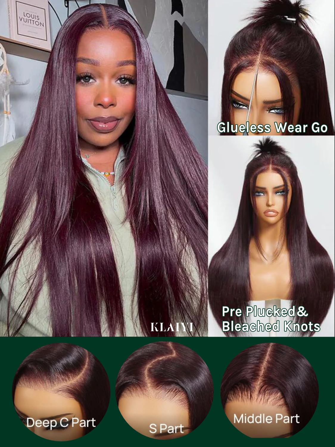 KLAIYI Black Cherry Layered Straight 13x4 Precut Lace Front Wigs Human Hair Bye Bye Knots Glueless Ready to Wear and Go Wig Drawstring Pre Plucked Bleached Dark Burgundy Wine Red Pre Everything 26Inch