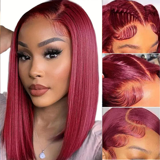 LUCK HAIR 99J Burgundy Straight Human Hair Wig 13x4 HD Lace Front Wigs Human Hair Glueless Hair Short Bob Human Hair Suitable for women Straight wigs 14 Inch