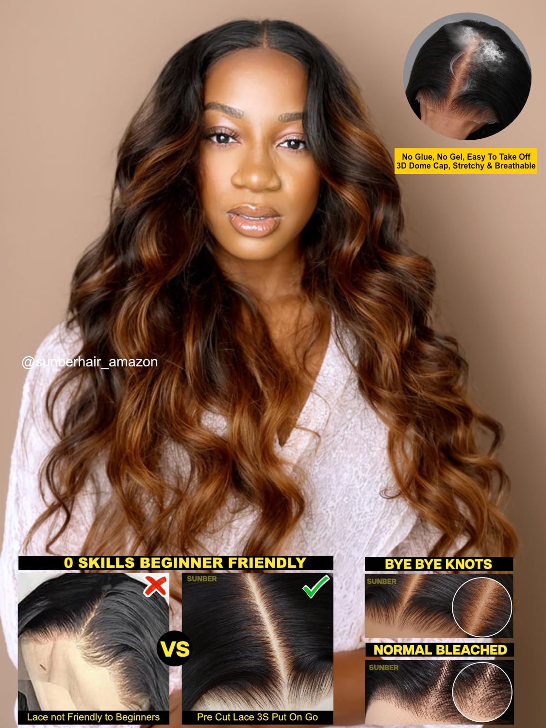 Sunber Ombre Highlight Brown Body Wave Human Hair Glueless Balayage Wigs Pre Cut 7x5 HD Lace Front with Elastic Drawstring 150% Density Put On and Go Pre Plucked Pre Bleached Invisible Knots 24Inch