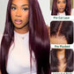 KLAIYI Black Cherry Layered Straight 13x4 Precut Lace Front Wigs Human Hair Bye Bye Knots Glueless Ready to Wear and Go Wig Drawstring Pre Plucked Bleached Dark Burgundy Wine Red Pre Everything 26Inch