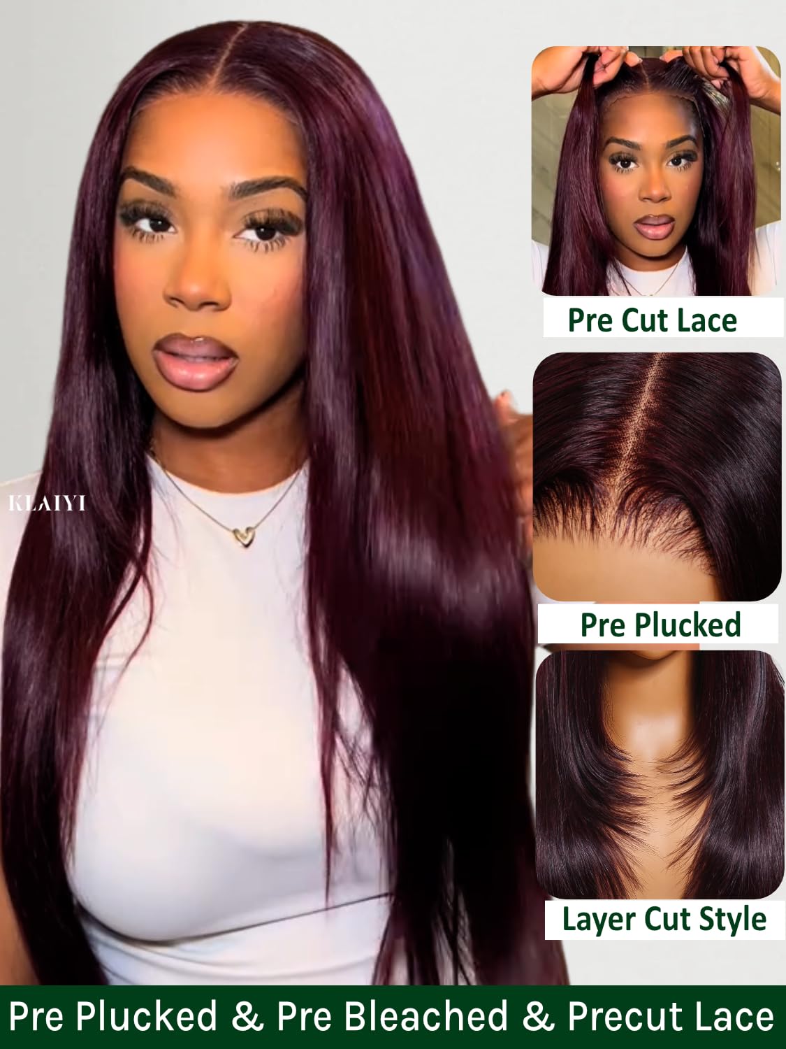 KLAIYI Black Cherry Layered Straight 13x4 Precut Lace Front Wigs Human Hair Bye Bye Knots Glueless Ready to Wear and Go Wig Drawstring Pre Plucked Bleached Dark Burgundy Wine Red Pre Everything 26Inch