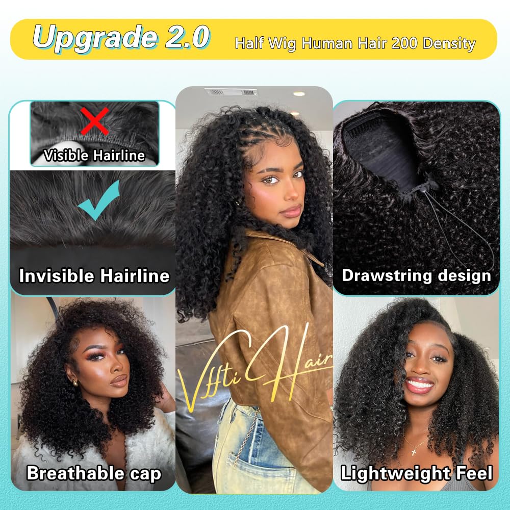 VFFTI Kinky Curly Half Wig Human Hair 200% Density Wear Go Glueless Wigs 3 In 1 Seamless Flip Wig 20 Inch Half Wigs for Black Women Invisible Hairline Beginner Friendly