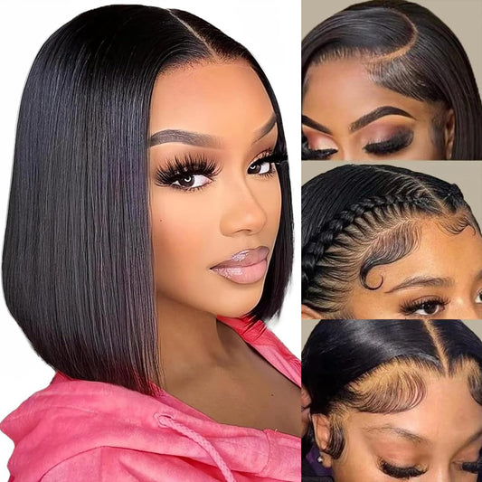 RMOARIWR Bob Wig Human Hair 180% Density 13x4 HD Transparent Lace Front Wigs Human Hair Pre Plucked Short Bob Glueless Straight Wigs Human Hair for Women Natural Black 12 Inch