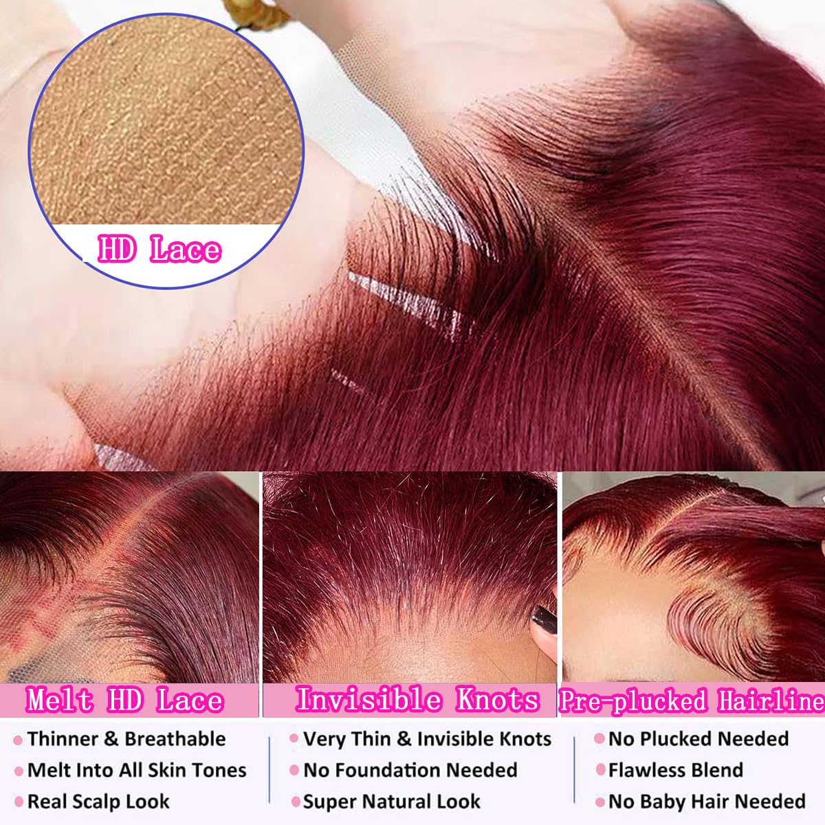 QZOQZO 99J Burgundy Lace Front Wigs Human Hair 13x6 HD Transparent Body Wave Lace Front Wigs Pre Plucked 99j Burgundy Red Wine Glueless Human Hair Wigs for Women Reddish Brown 180% Density 30 Inch