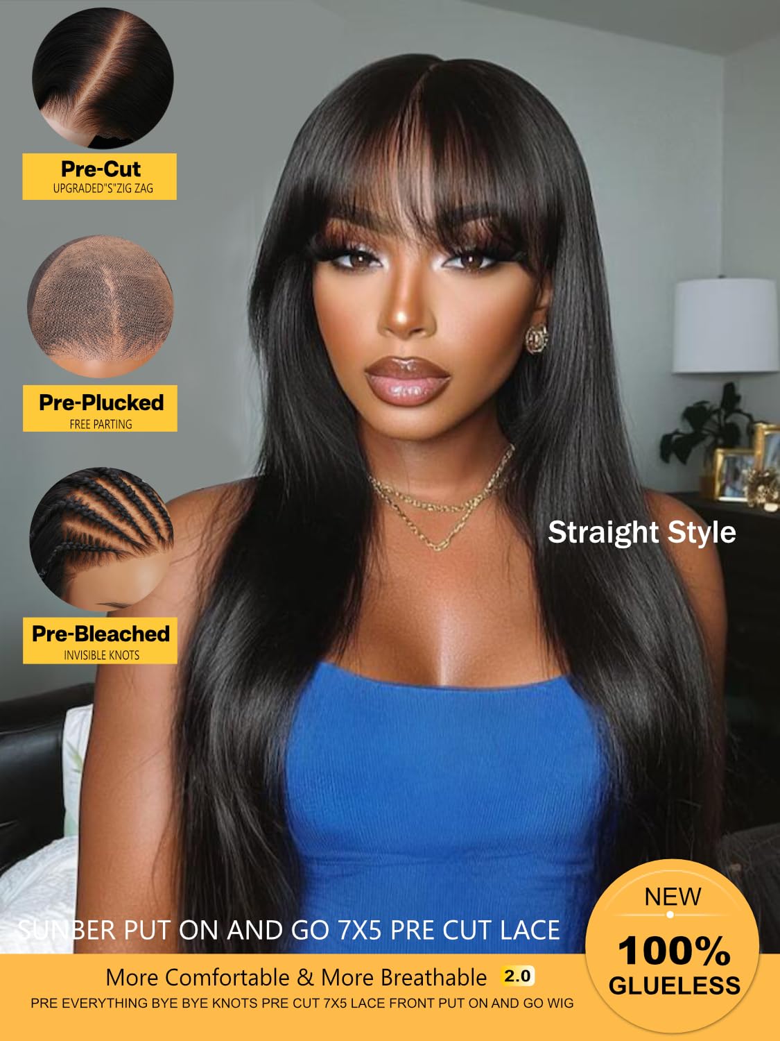 Sunber Bye Bye Knots 7x5 Lace Front Glueless Fluffy Natural Loose Wave Curtain Bangs Wig 180% Density Human Hair Wigs Pre Plucked Invisible Knots Pre Everything 3S Ready to Wear 20Inch