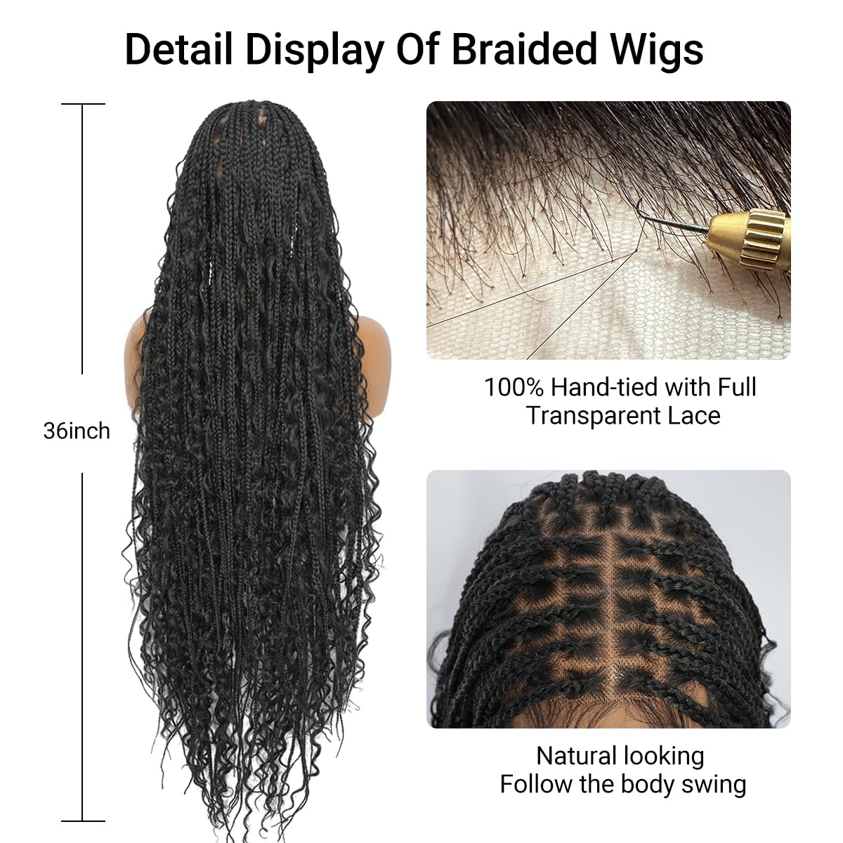 SUPERNOVA Knotless Boho Box Braided Wigs For Black Women 36inch Square Knotless Full Lace Box Braid Wig Goddess Braided Wig With Baby Hair Bohemian Curly Ends Synthetic Boho Braids Wig (36 Inch)